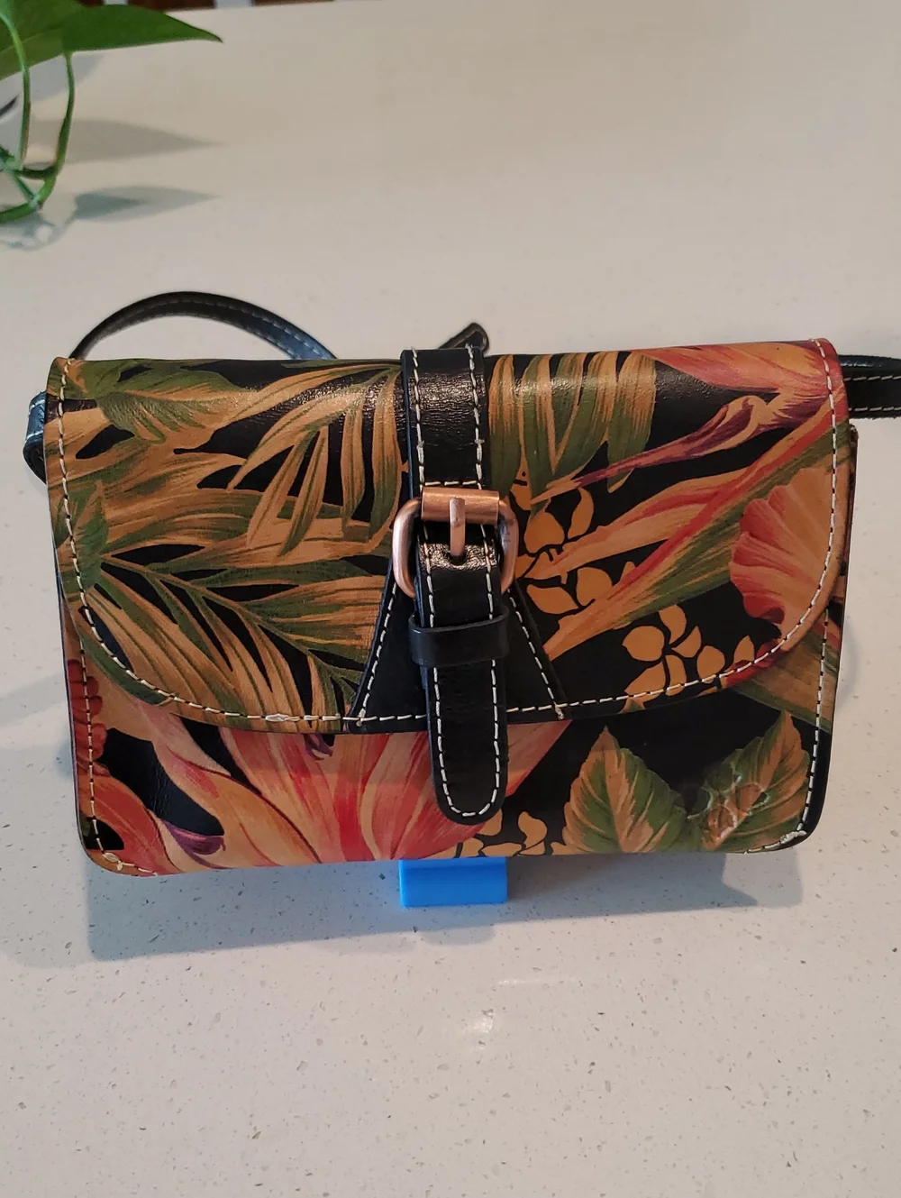 Black Floral Print Leather Handbag with Tan Suede Interior - Picture 3 of 6